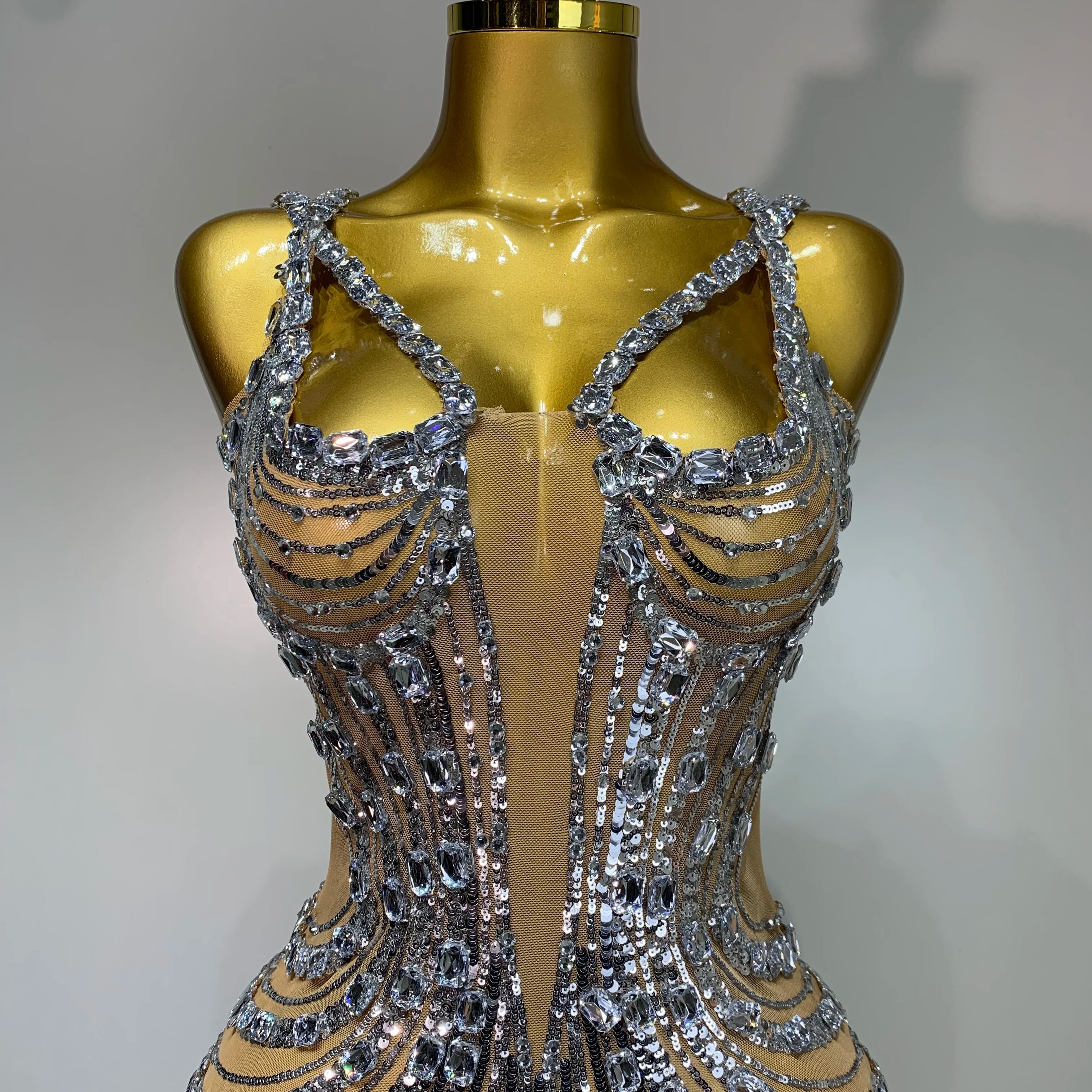 2025 Luxury Sexy Silver Rhinestone White Mesh See Through Long Dress Women Birthday Party Prom Gown Singer Nightclub Outfit