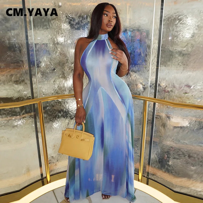 CM.YAYA Women Gradient Print O-Neck Sleeveless Bodycon Long Dress 2025 Summer Holiday Birthday Evening Beach Sexy Party Dresses