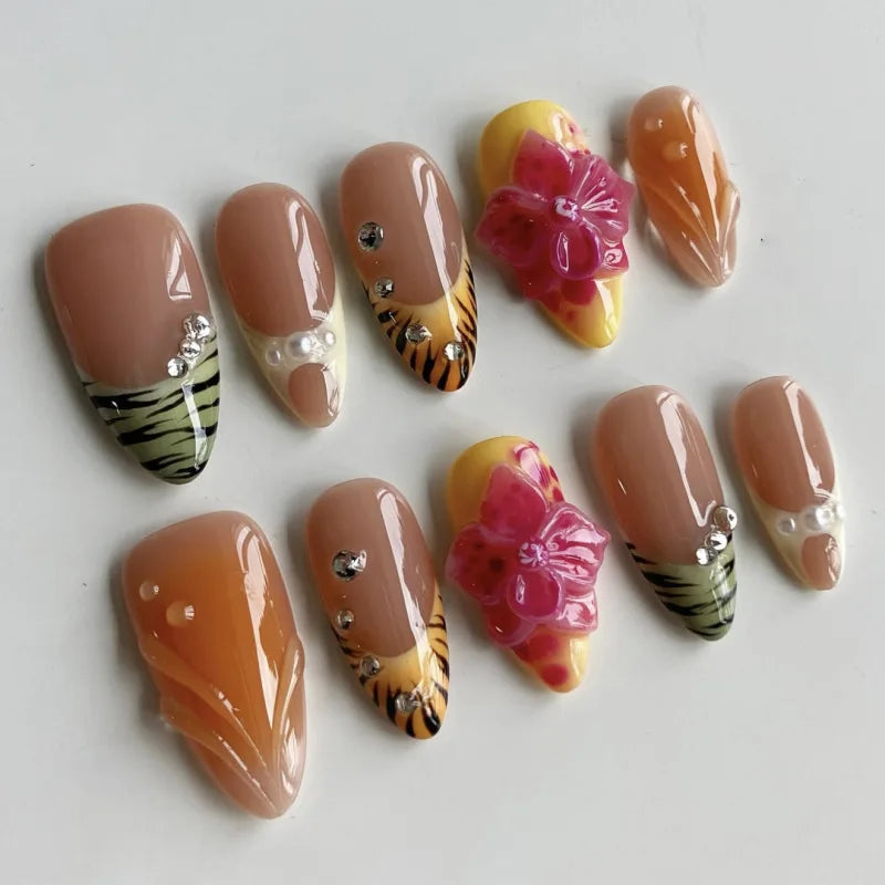 24Pcs Autumn Brown Almond Fake Nails with Flowers Gold Stars Pattern Manicure Tips Reusable French Finished Nails Art for Women