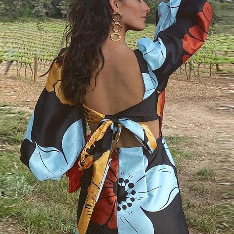 Elegant Backless Floral Mini Dress Summer Women Long Lantern Sleeve Beach Dresses Female Chic O-Neck Hollow Party Vestidos