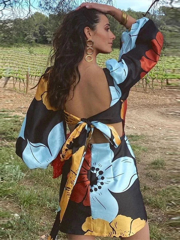 Elegant Backless Floral Mini Dress Summer Women Long Lantern Sleeve Beach Dresses Female Chic O-Neck Hollow Party Vestidos