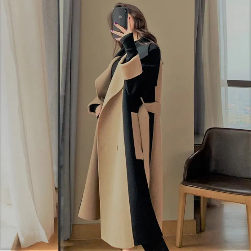 Vintage Woolen Patchwork Trench Coat Women Elegant Korean Oversize Long Jacket Autumn Winter Double Breasted Office Lady Outwear