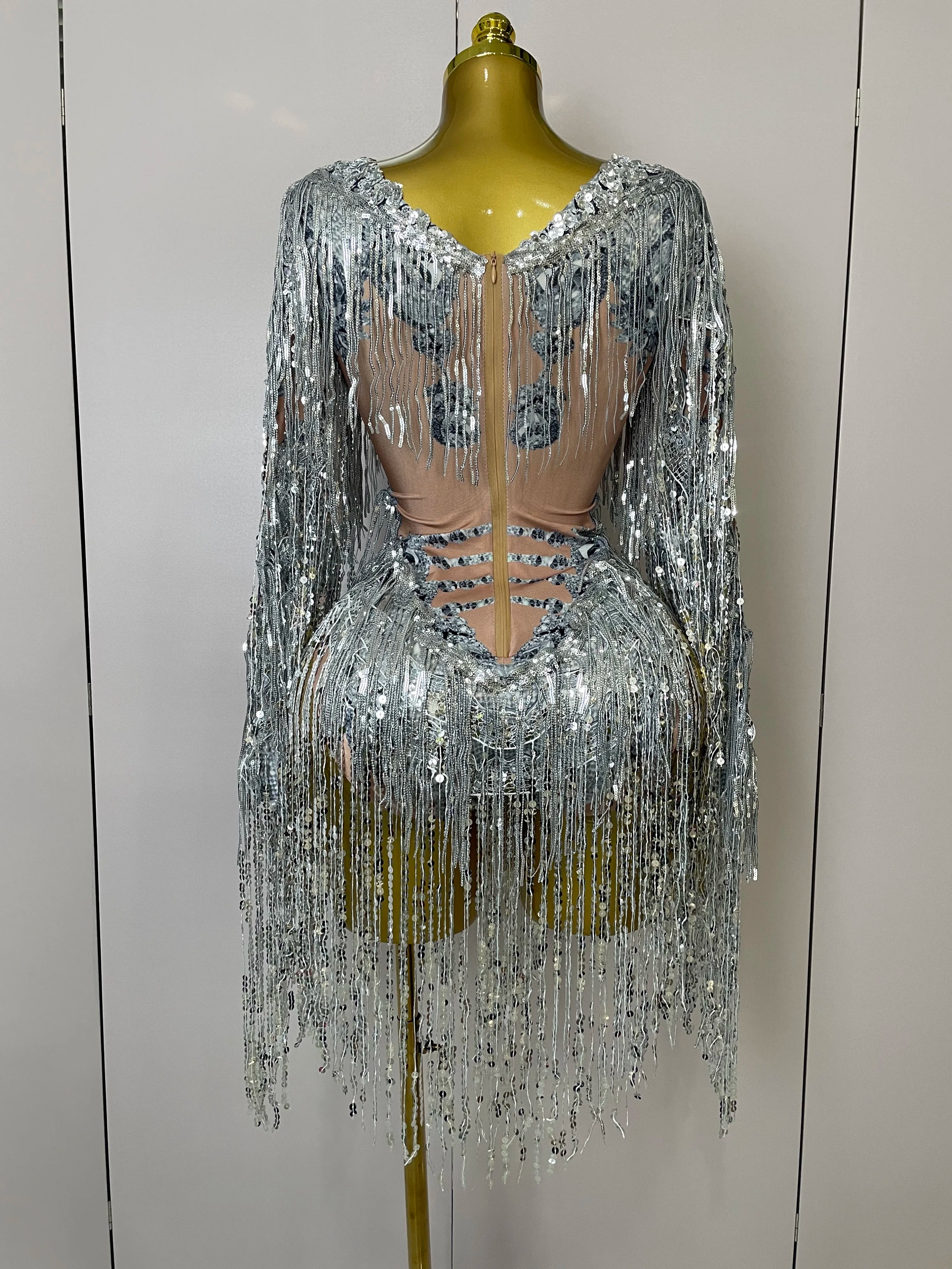 STOCK 2025 Flashing Sequins Tassels Sexy See-Through Sheath Bodysuit Evening Party Nightclub Dancer Stage Perfprmance Costume