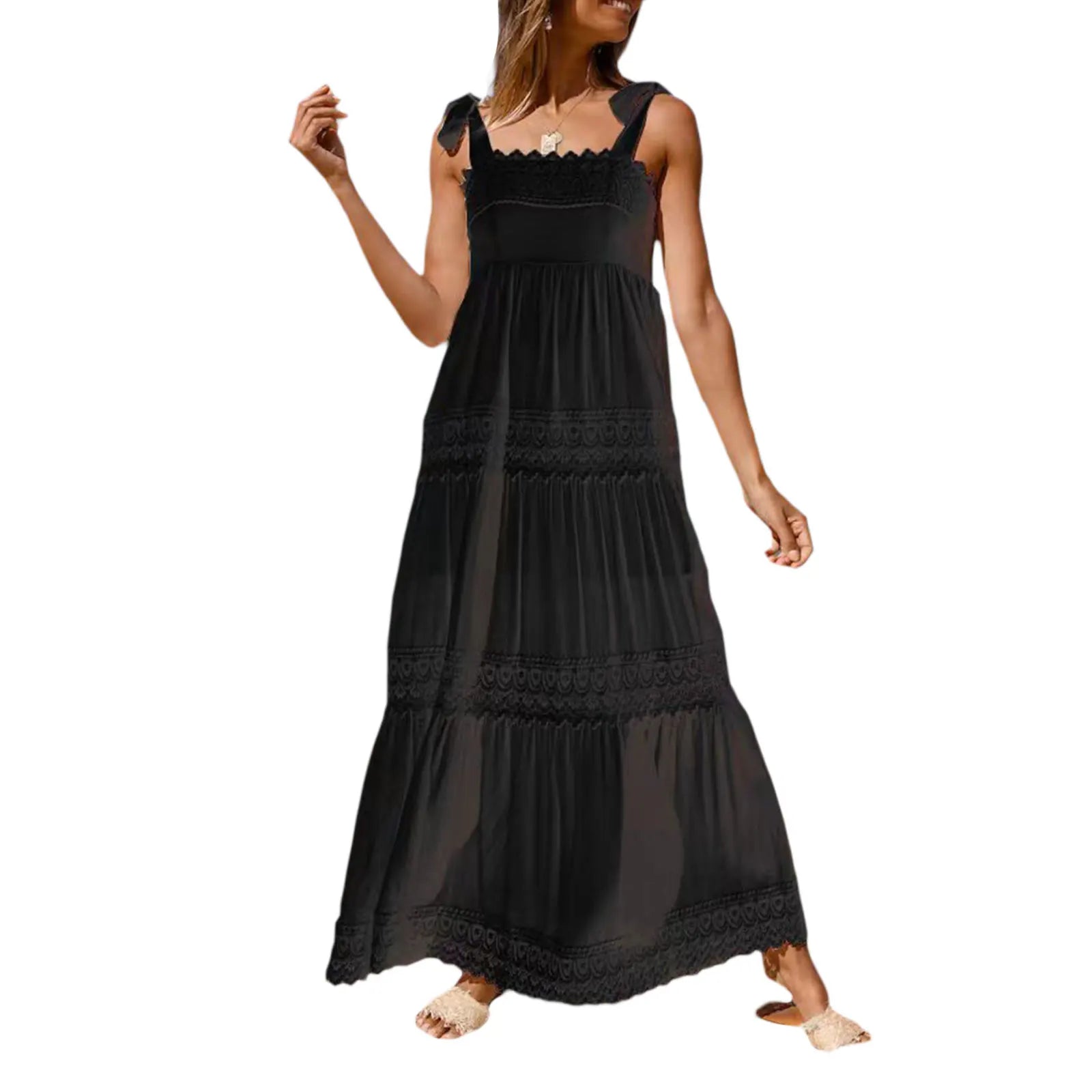 Summer Solid Tunic Women Maxi Dress V Neck Female Elegant Ruffles Party Long Dresses Beach Spaghetti Strap Casual Sundress 6 S