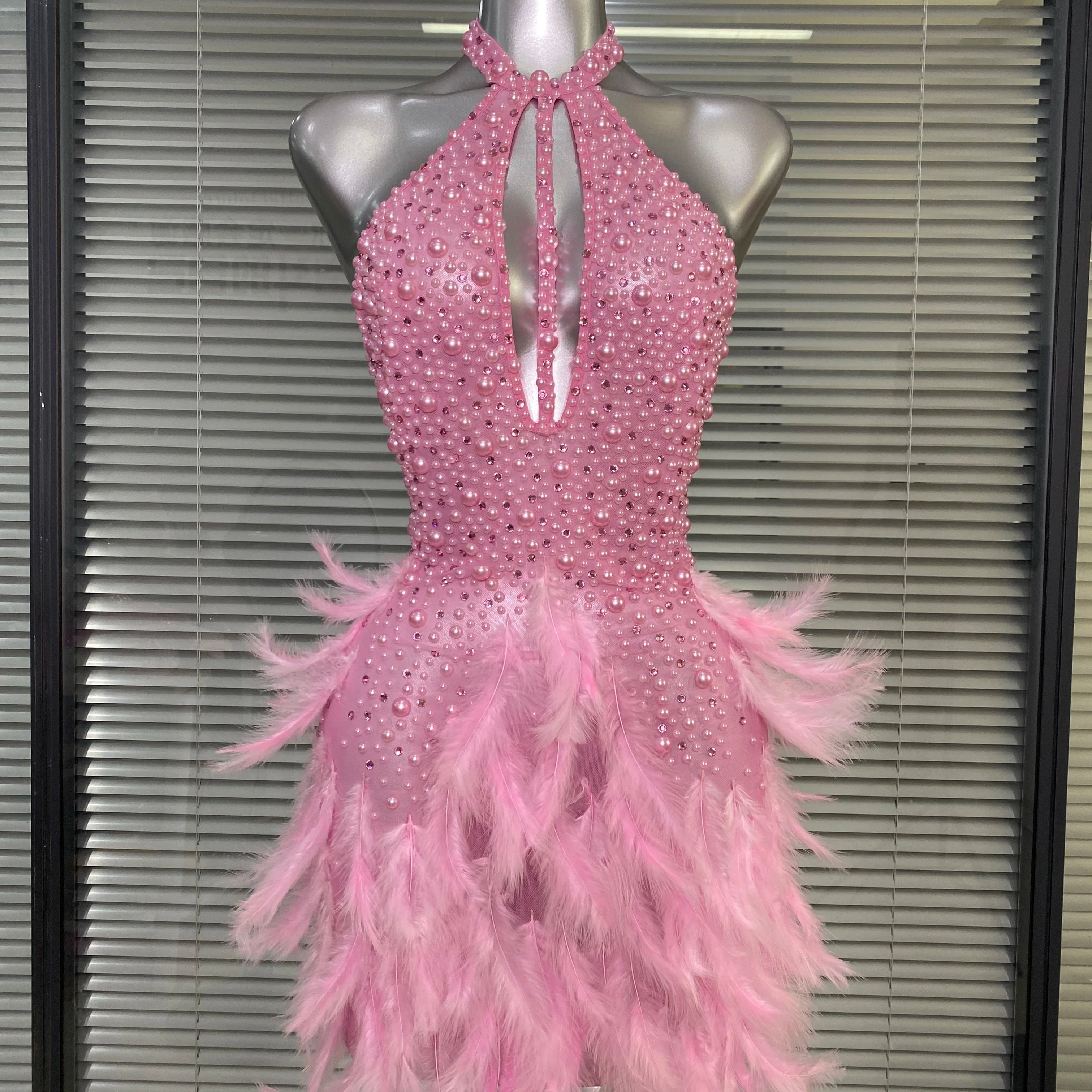 Women Sexy White Backless Mesh Crystal Diamonds Feathers Performance Costume Stage Dancer Mini Stretchy Night Club Party Dress