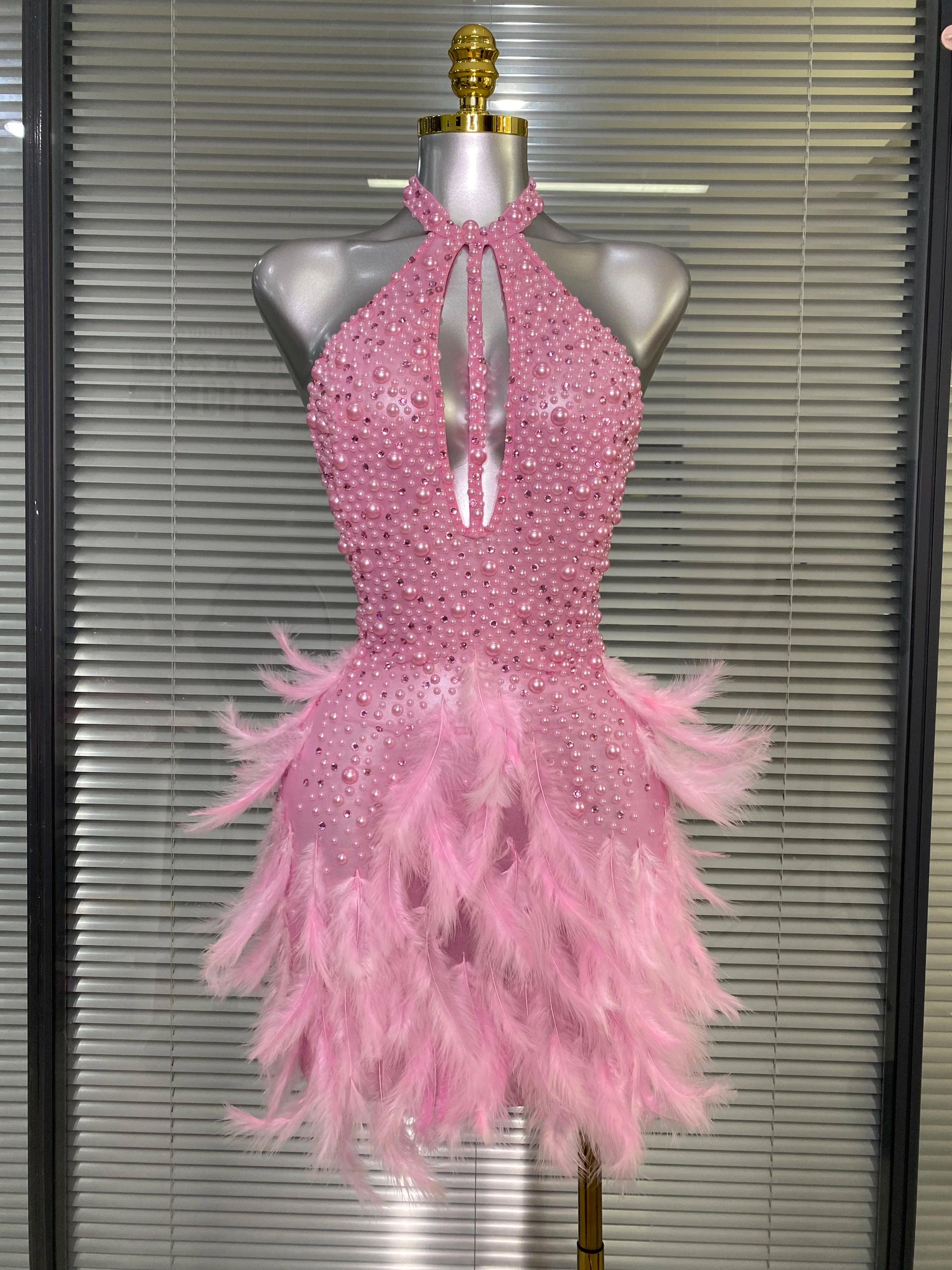 Women Sexy Backless Mesh Crystal Diamonds Feathers Performance Costume Stage Dancer Mini Stretchy Night Club Party Dress