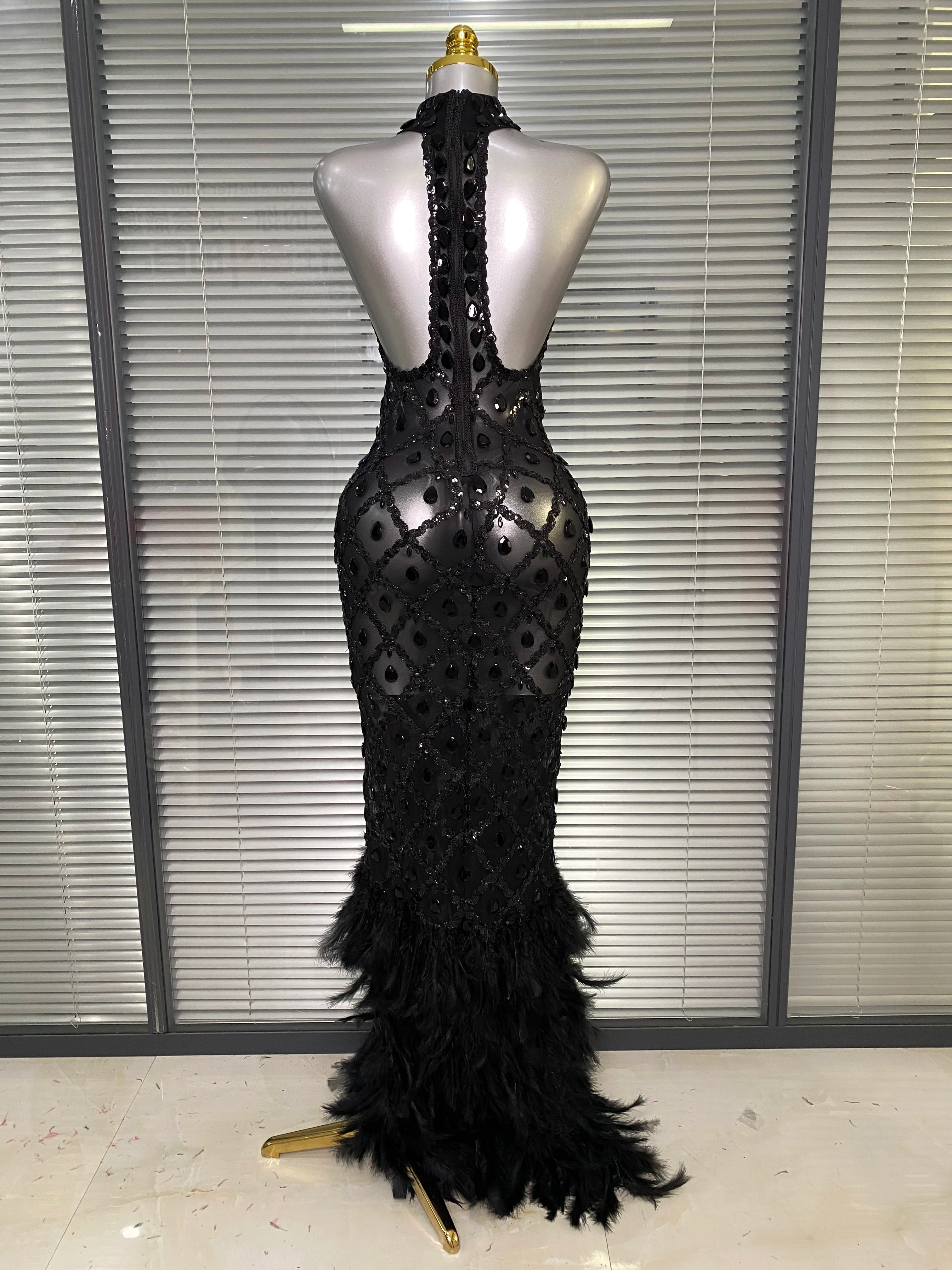 New Women Sexy Black Red Crystal Diamonds Maxi Dress Birthday Party Costume Elegant Singer Stage Performance Dress