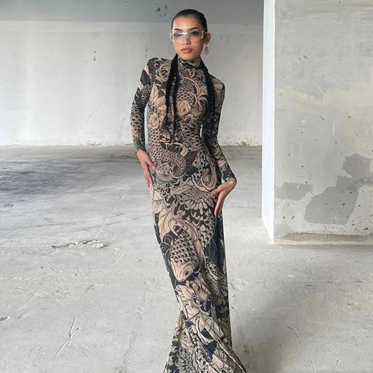 Women Autumn Winter Long Sleeve Mesh See Through Streetwear Bodycon Long Dress