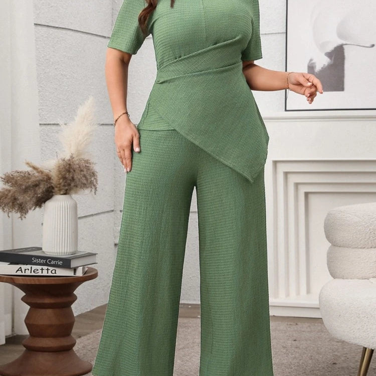 Plus Size Summer 2 Two Piece Set Women Irregular Slim Waist Fashion Ladies Blouses Wide Leg Loose Pleated Woman Long Pants