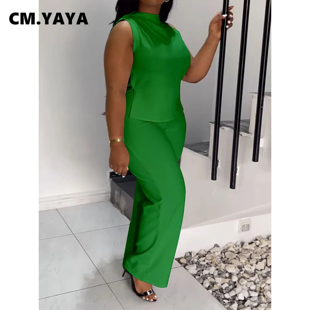 CM.YAYA Plus Size Women's Set O-neck Sleeveless T-shirt Vest and Pants Suits Sweatsuit Two 2 Piece Set Outfit Street Tracksuit