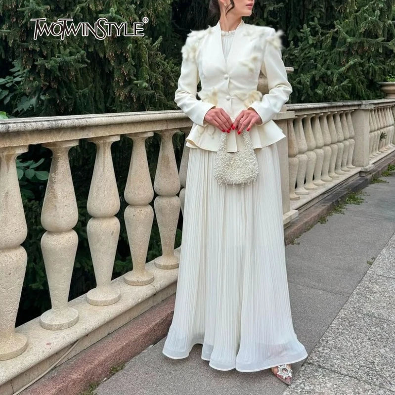TWOTWINSTYLE Solid Two Piece Sets for Women V Neck Ling Sleeves Spliced Applique Top High Waist Patchwork Folds Skirt Set Female