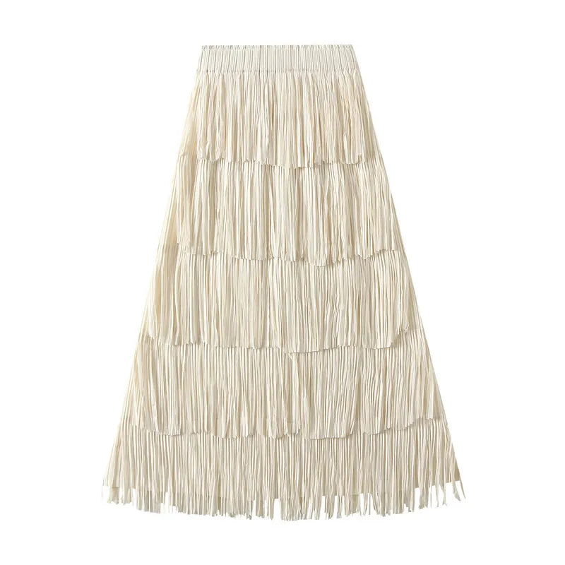 Pleated Tassel Long Skirts For Women High Waist Solid Color Stitching Elegant Party Clothing 2024 Summer Autumn Apricot One Size
