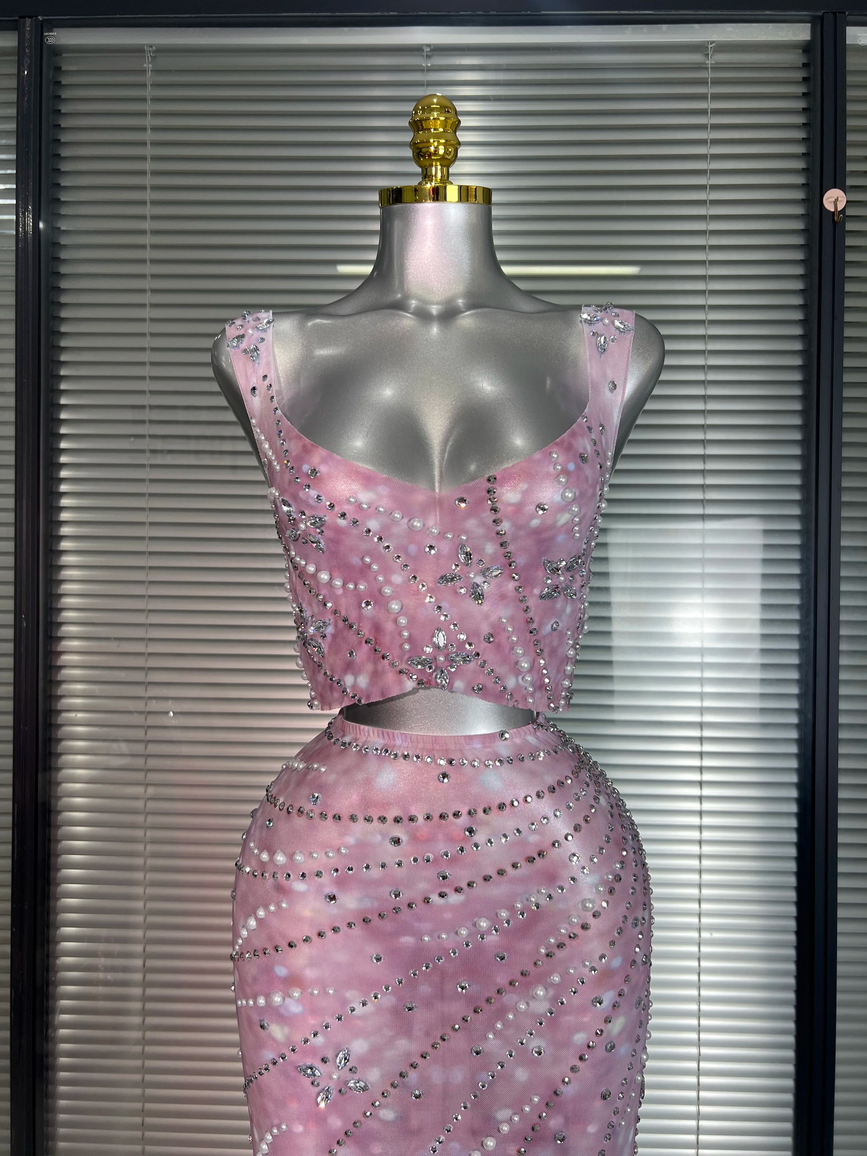 New Sexy Pink Two Pieces Set Women Celebrity Crystal Night Club Skirt Suits Singer Dancer Stretched Printed Stage Costume