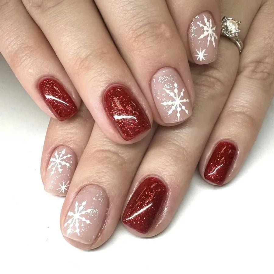 24Pcs Christmas French Fake Nail with Snowflake Design Glitter Pink Full Cover Nail Tip Xmas Short Wearable Press on False Nails