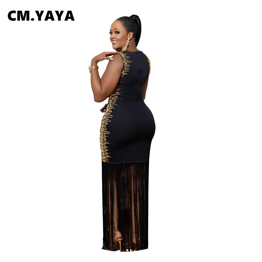 CM.YAYA Fall Diamonds Hot Rhinestones Tassel O-neck Women Sleeveless Bodycon Long Dress Birthday Party Evening Prom Maxi Dresses