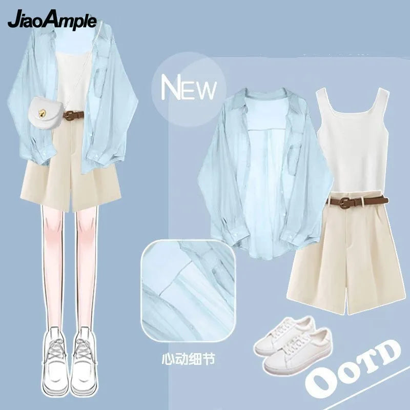 Women's Tracksuit Suit Summer Casual Sunscreen Shirt Top Vest Shorts Three Piece Korean Chic Blouse Pants Matching Set