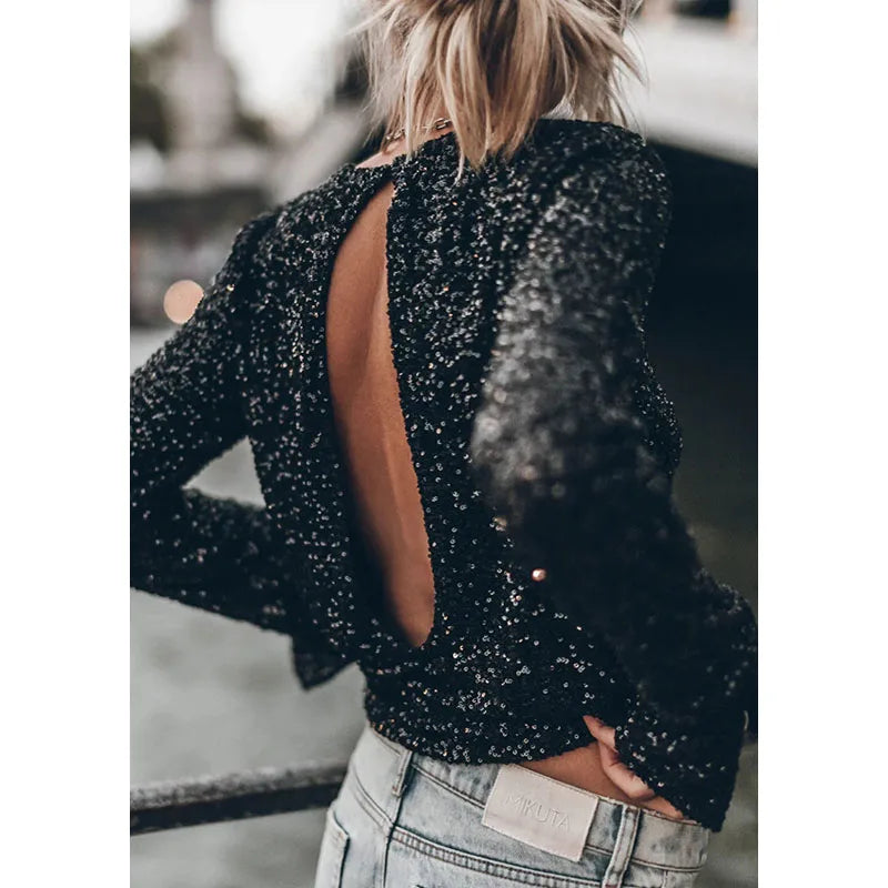 Autumn and Winter New Party Sequin Long Sleeve Top Sexy Backless Sequin Top T-shirt INS Casual Loose Split Top Women's Club Top