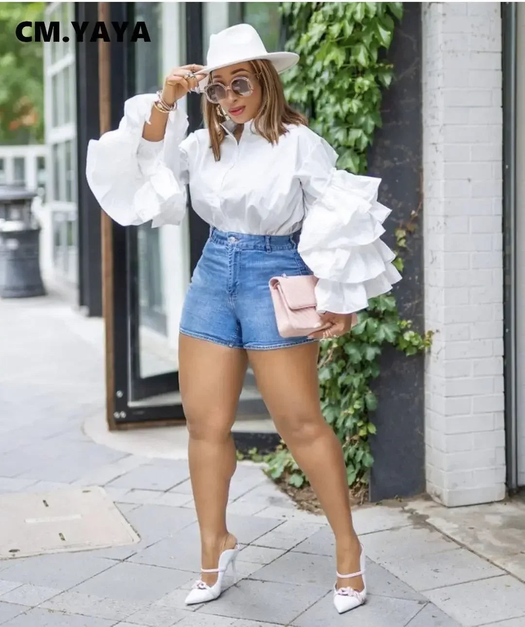 CM.YAYA Women Shirts Solid Full Ruffles Sleeve Turn-down Collar Single Breasted Loose Shirts Office Lady Streetwear Summer Tops