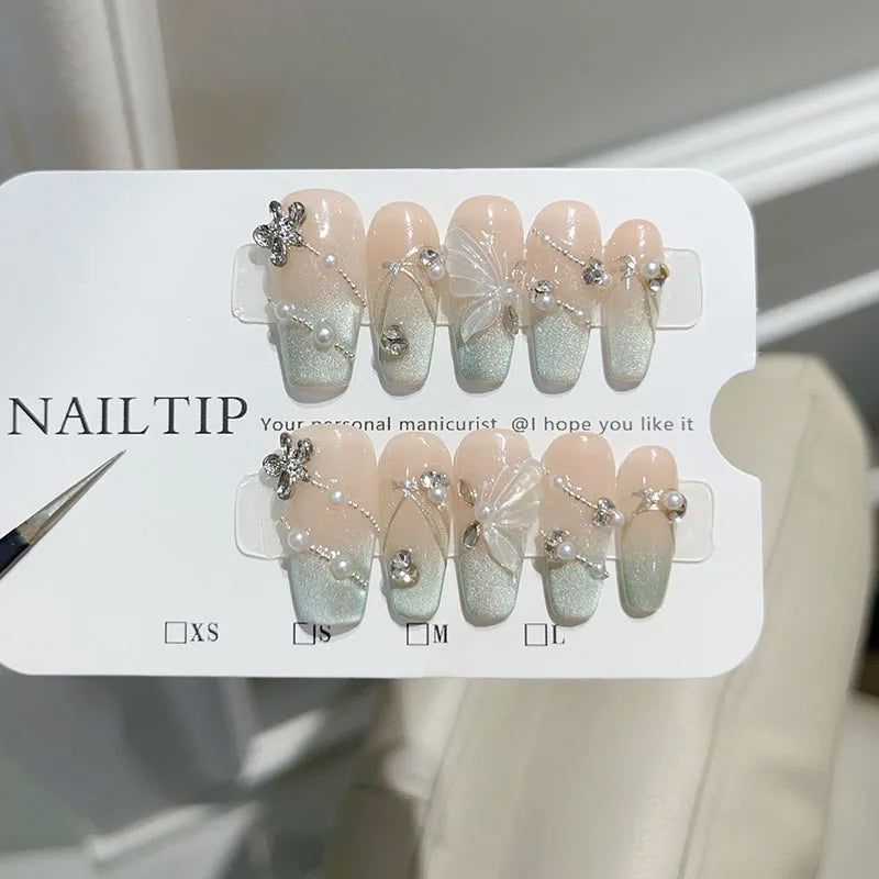10Pcs Mid-length Ballet Cat Eye Handmade Gel Nails with Glue Sweet Mori Girl Nail Art Shimmery Butterfly Fake Nail Manicure Tips