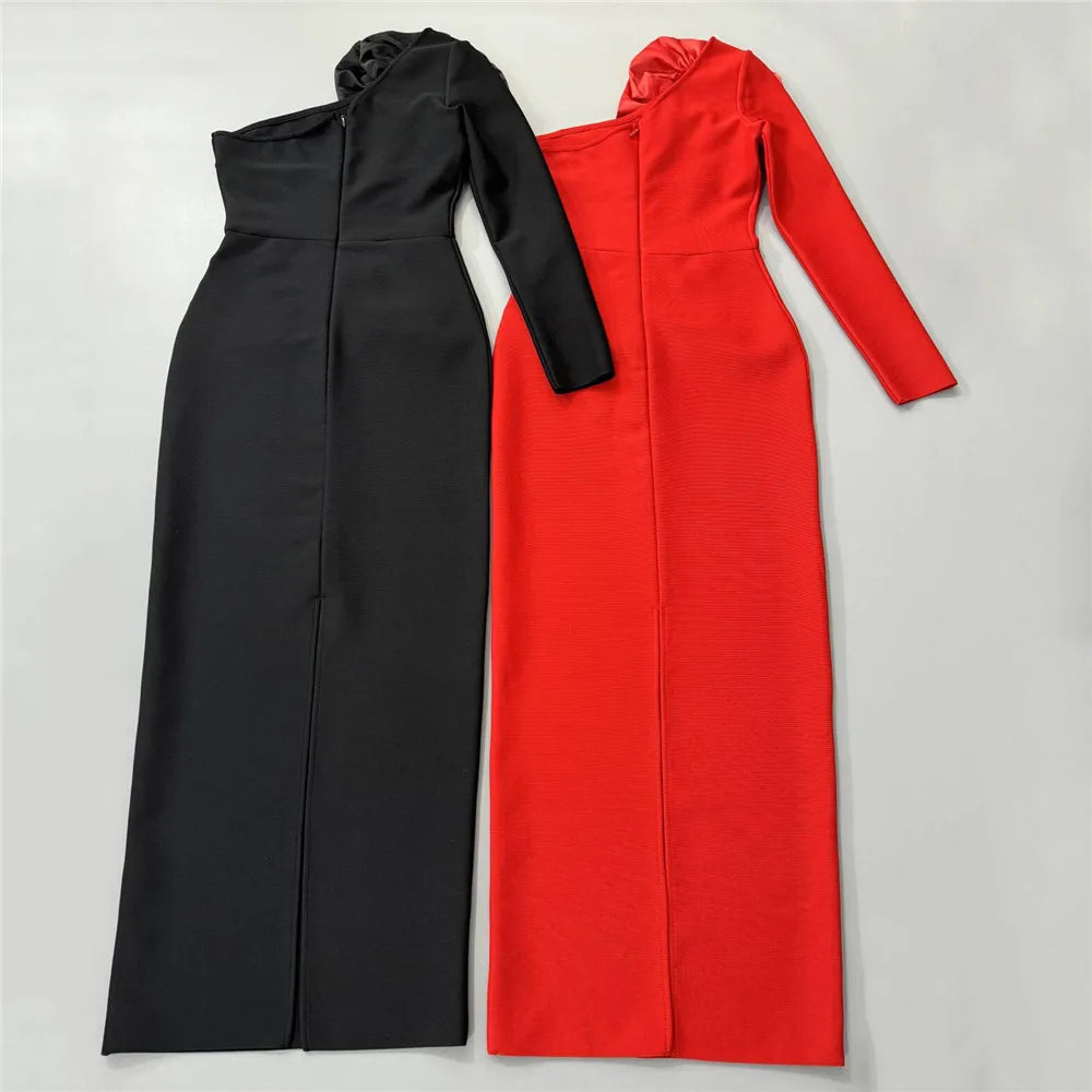 Vestido longo bandagem preto vermelho feminino, sexy, um ombro, grande, floral, justo, moda para festa, boate, coquetel