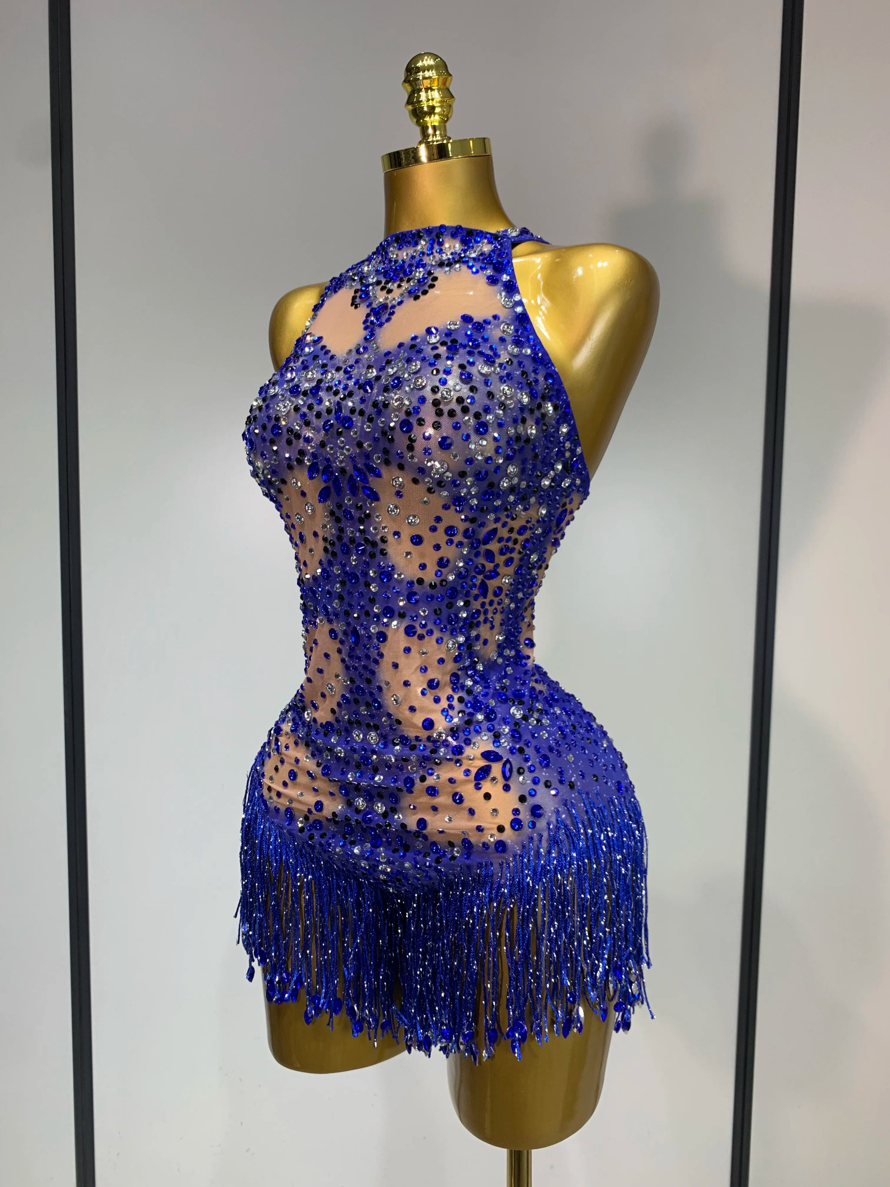 Women Sexy Backless blue Rhinestone Tassel Bodysuit Evening Party Club Singer Stage Performance Costume Luxury Birthday Dress