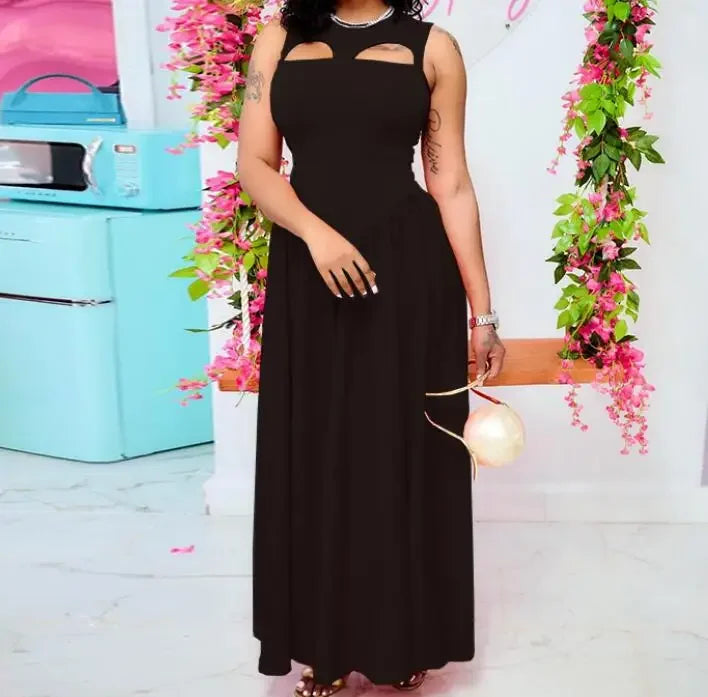 CM.YAYA 2024 Summer Sleeveless Sweet Cute O-Neck Hollow Out Slim Floor-Length Long Women Dress Beach Streetwear Maxi Dresses black