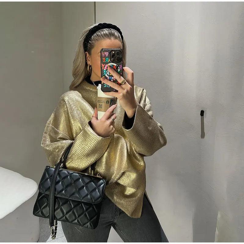 Women Solid O Neck Pullover Top Elegant Loose Long Sleeve Gold Sweatshirt Autumn Female Fashion Casual Shinny Outerwear Gold
