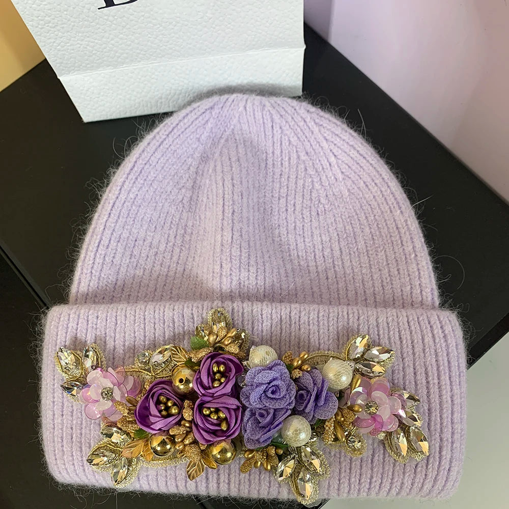 Casual Outdoor Warm Ear Protection Skiing Knitted Cap Luxury Winter Women Beanie Hat Crystal Rabbit Fur Knitted Hat for Women light purple