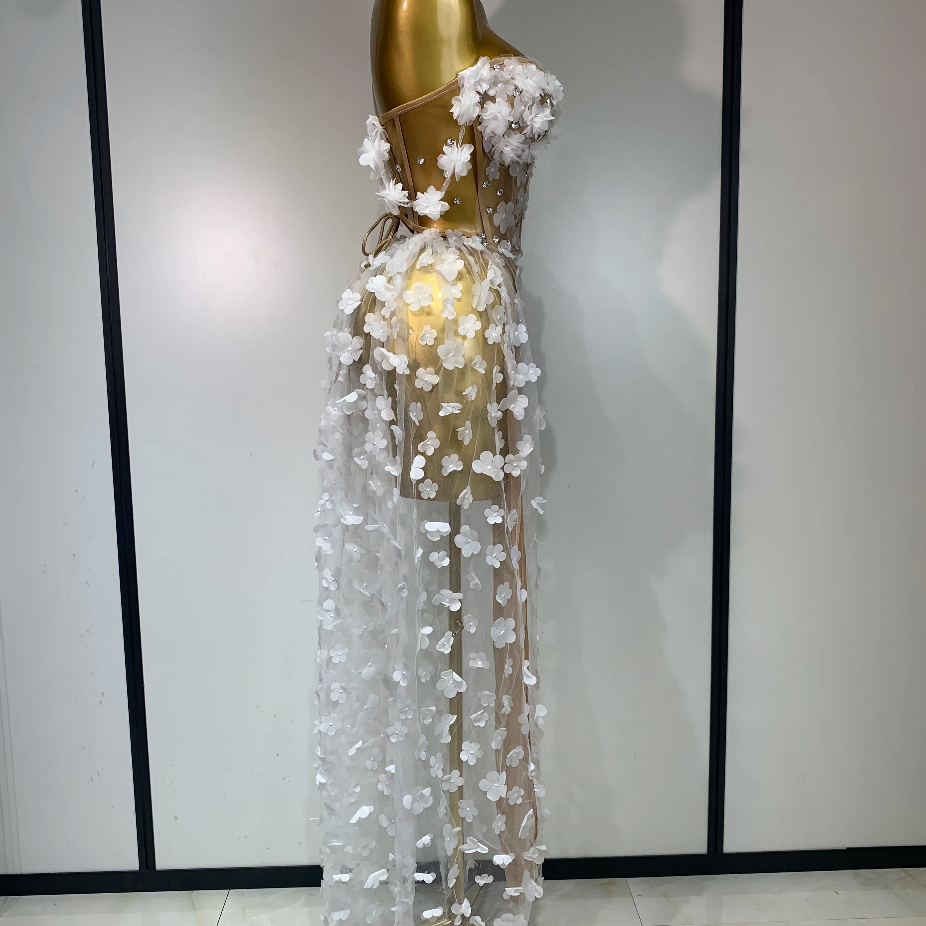 Women Sexy Elegant Party Dress Wedding Celebrate Evening Gown 2025 Mesh See Through Flowers Backless Prom Hotwife Outfit