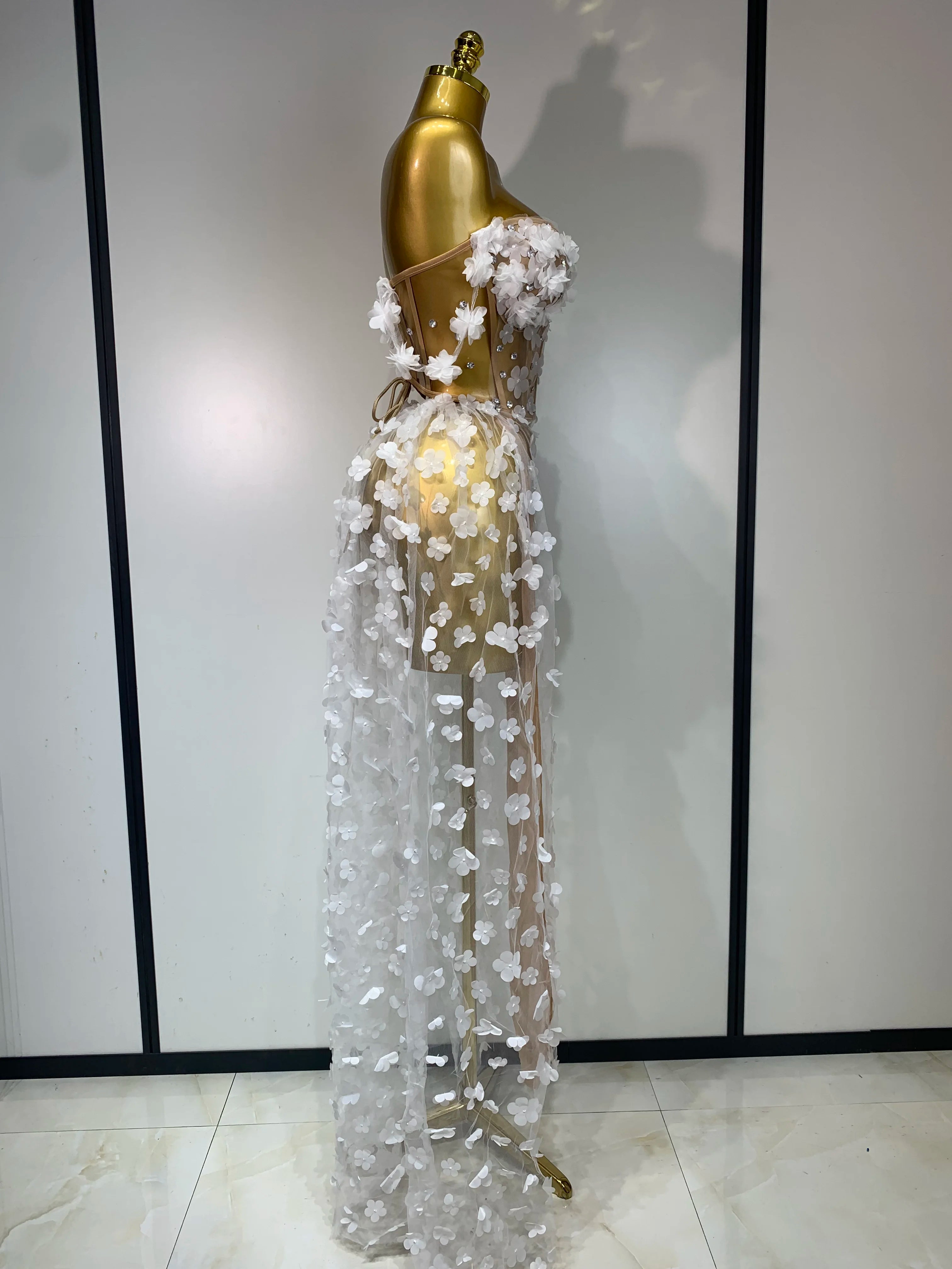 Women Sexy Elegant Party Dress Wedding Celebrate Evening Gown 2025 Mesh See Through Flowers Backless Prom Hotwife Outfit