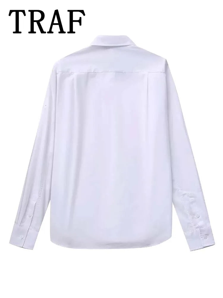 White Shirt Women Rhinestone Button up Shirts for Women Long Sleeve Shirts and Blouses Woman Asymmetric Tops