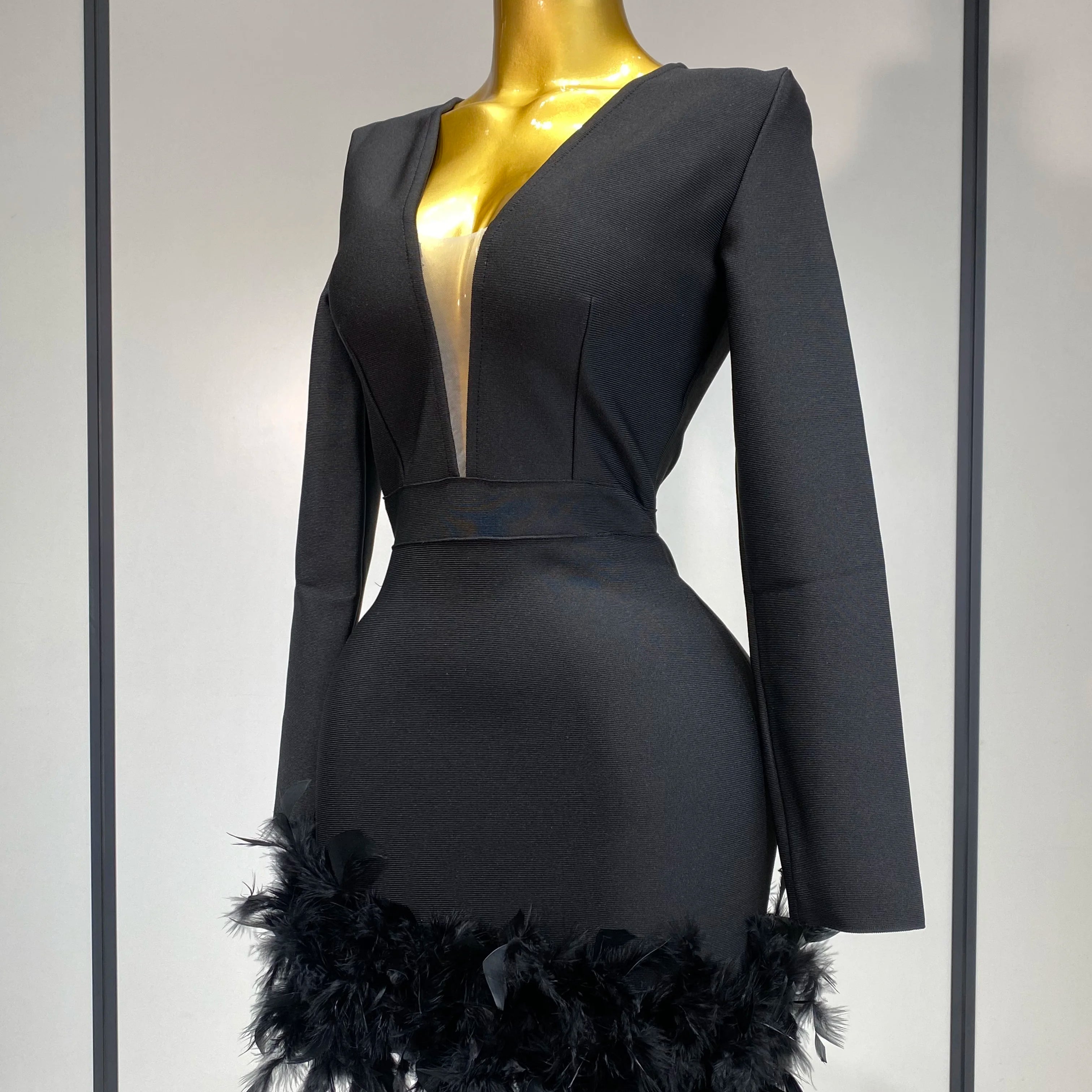 Women Fashion Sexy V Neck Long Sleeve Black Feather Mini Bodycon Bandage Dress Elegant Evening Club Birthday Party Dress