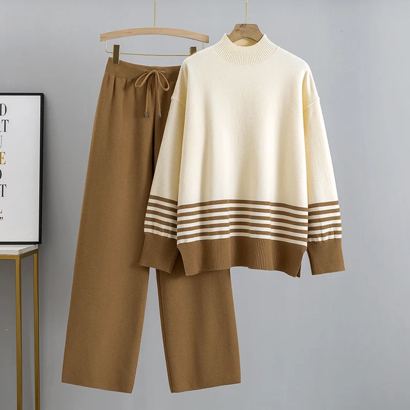 GIGOGOU Euro Designer Autumn Winter Women Sweater Tracksuit 2 piece Set Oversized Ladys Knitwear + Wide Leg Pants Warm Suits color 4 One Size