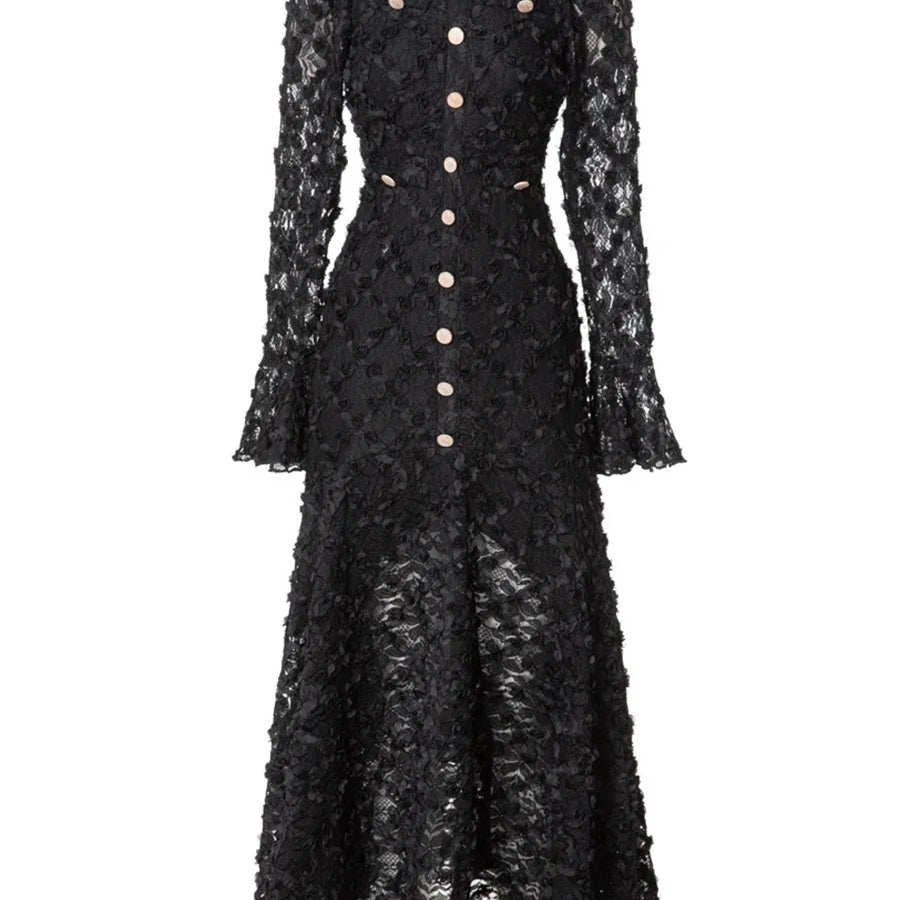 Solid Slimming Spliced Appliques Dresses for Women Round Neck Long Sleeves Patchwork Single Breasted Dress Female