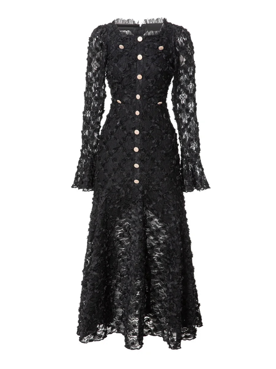 Solid Slimming Spliced Appliques Dresses for Women Round Neck Long Sleeves Patchwork Single Breasted Dress Female