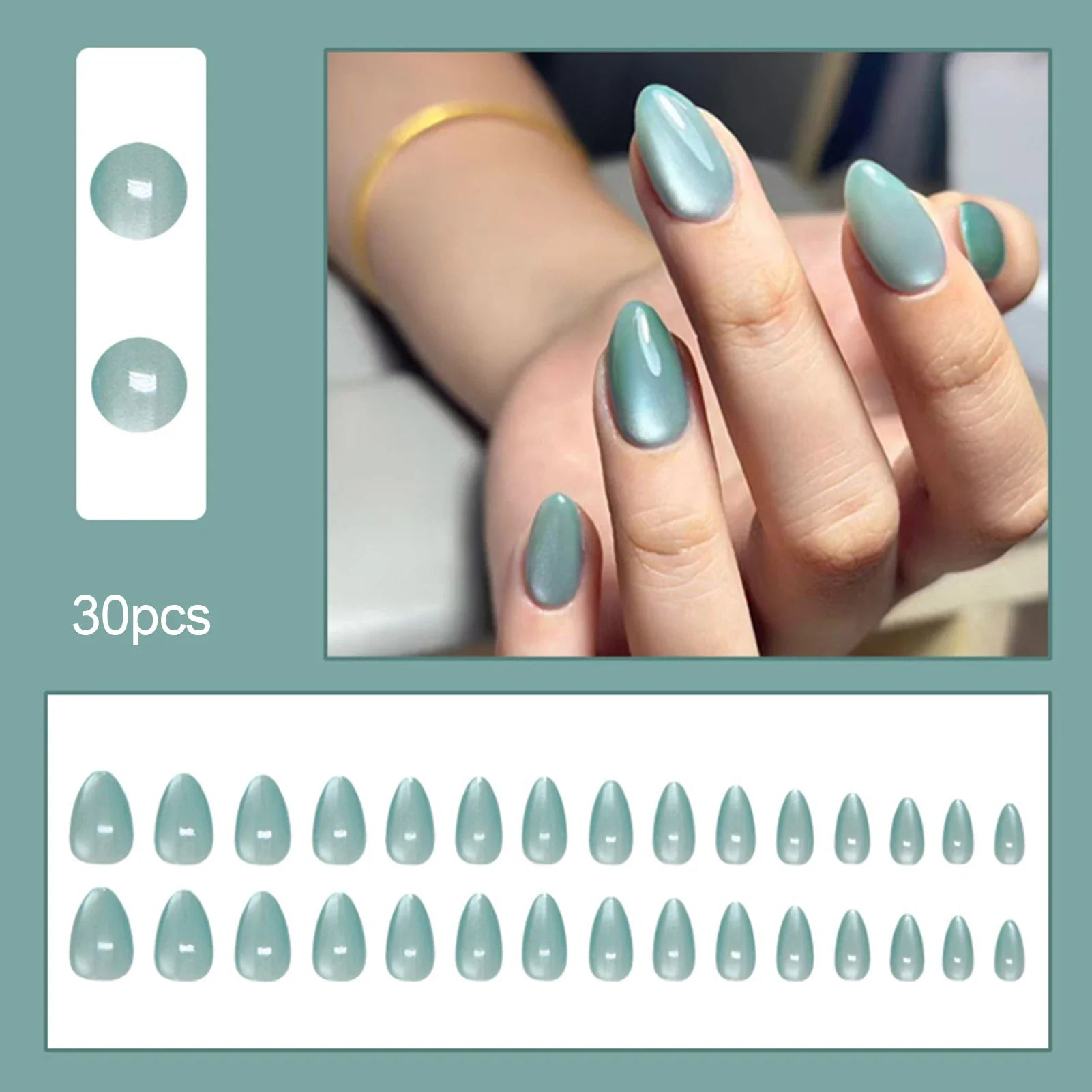 30Pcs Light Green Almond Fake Nails Glossy Cat's Eyes Designs Reusable Press On Nails Solid Color Wearable False Nails Patches