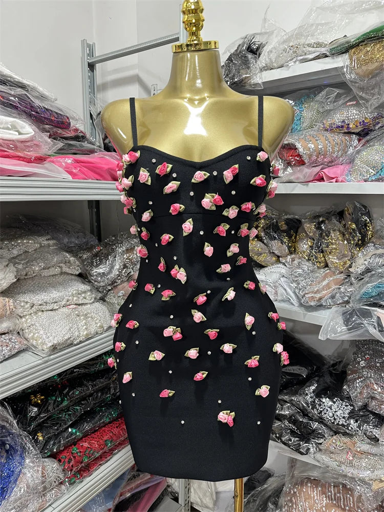 Women Sleeveless Sexy Strap Flowers Bodycon Bandage Mini Dress Celebrate Girls' Vacation Birthday Outfit