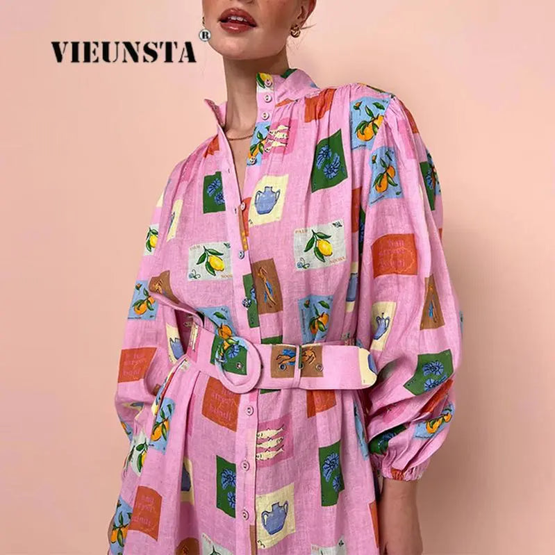 Elegant Loose Tie-Up Stand Collar Shirt Dress Women Fall Boho Print Pink Maxi Dress Fashion Geometric Cartoon Pattern Long Dress