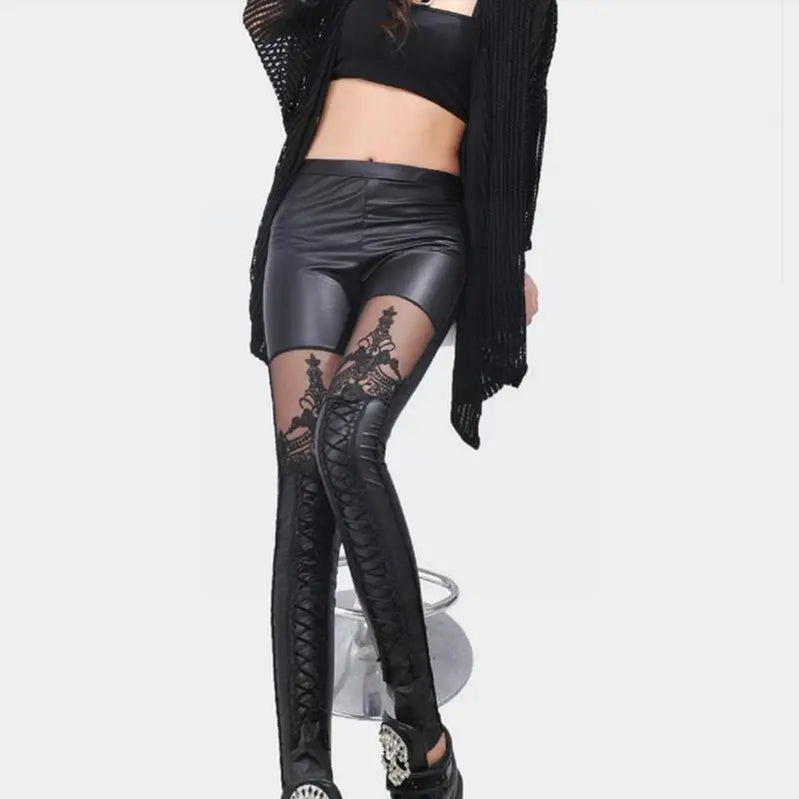 Stylish Sexy Women Faux Leather Gothic Punk Leggings Pants Skinny Lace Pants Imitation Pants Nine-point Leather Belt Trouse