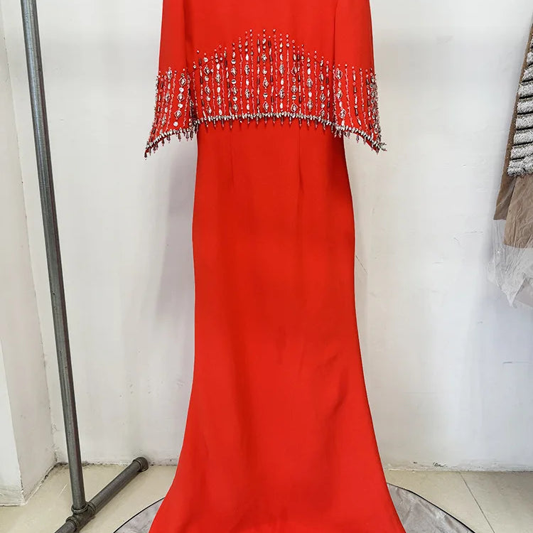 TWOTWINSTYLE Slimming Elegant Midi Dresses for Women Round Neck Half Sleeves Patchwork Bead Luxurious Dress Female Clothing New