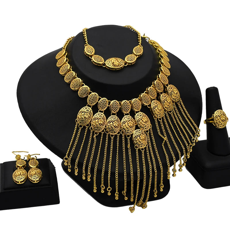 Ethiopian Tassel 24k Gold Plated Jewelry Sets For Women Arabic Wedding Indian Bridal Dubai Necklace And Earring Set Gifts F-70