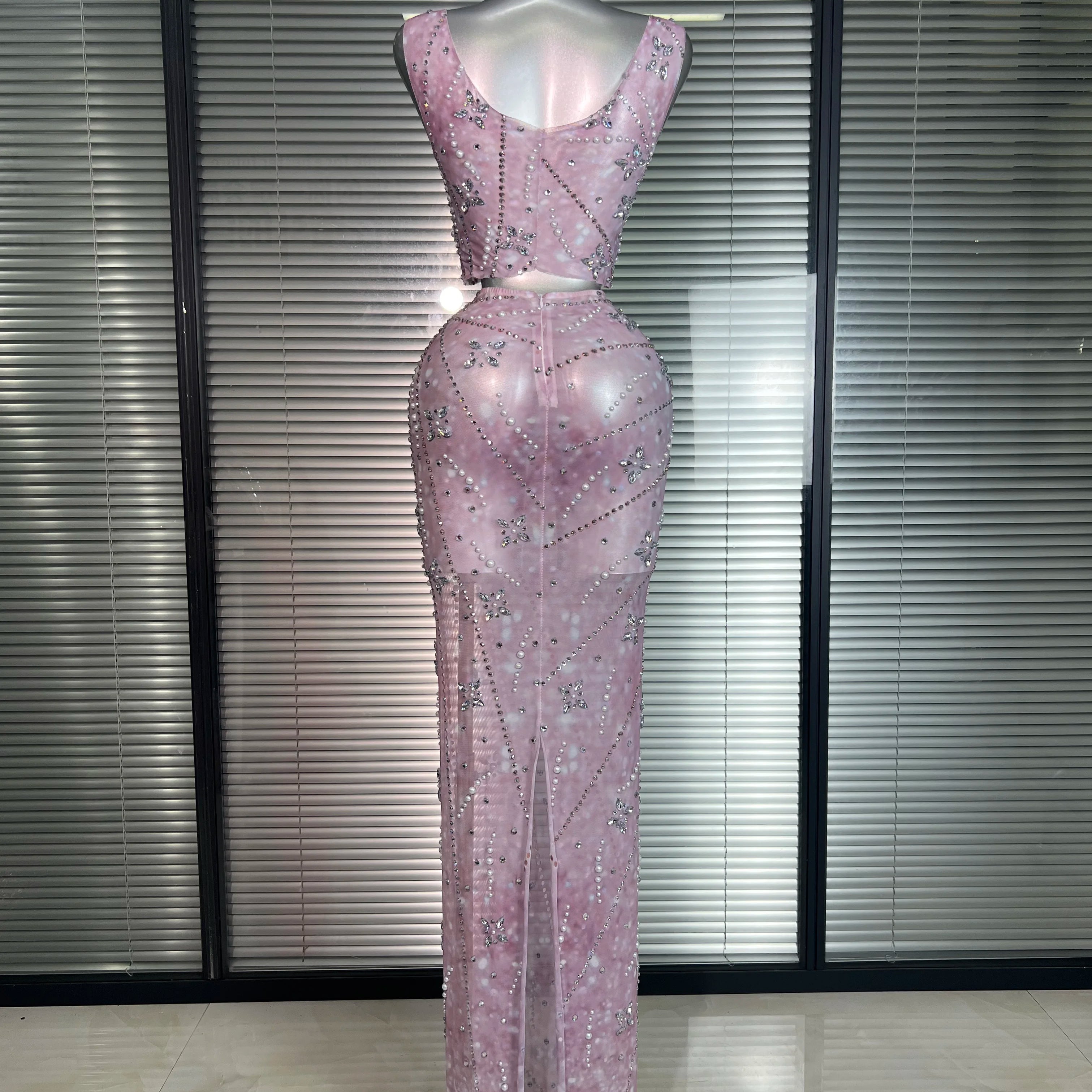 New Sexy Pink Two Pieces Set Women Celebrity Crystal Night Club Skirt Suits Singer Dancer Stretched Printed Stage Costume