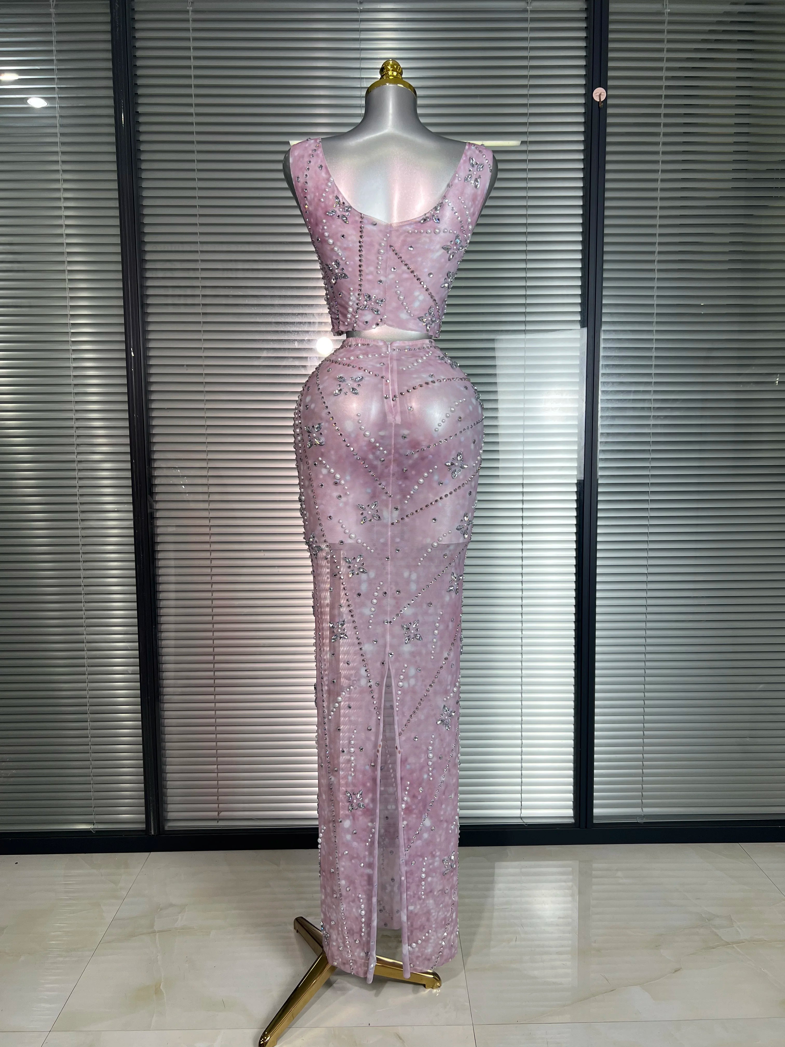 New Sexy Pink Two Pieces Set Women Celebrity Crystal Night Club Skirt Suits Singer Dancer Stretched Printed Stage Costume