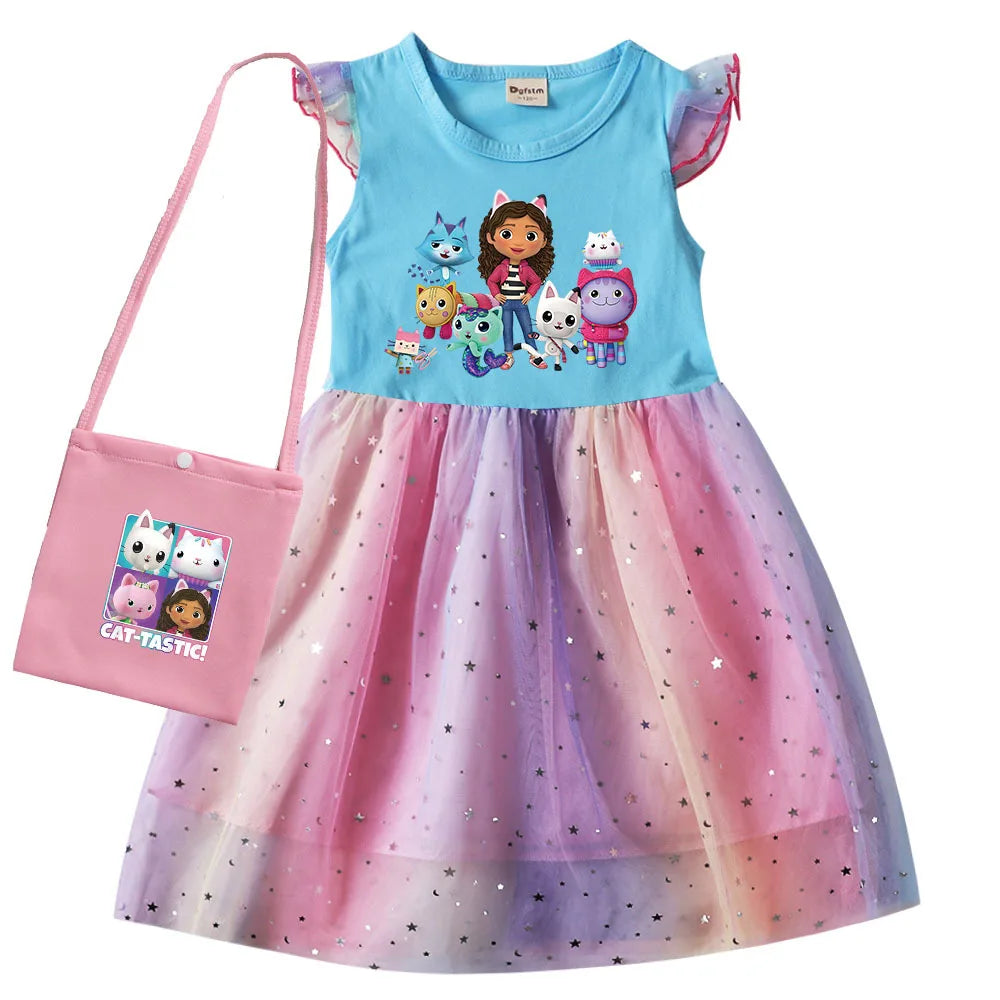 Adorable Cartoon Gabby Cats Fly Sleeve Baby Girl Dress with Bag and Headband Kids Gabby's Dollhouse Cosplay Costume M2pcs