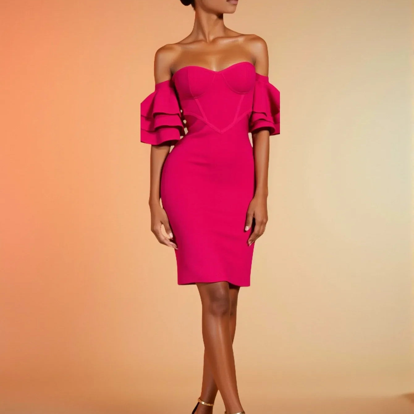 Rosered Color Women Sexy Strapless Ruffles Bodycon Mini Bandage Dress Celebrate Nightclub Party Birthday Vacation Outfit