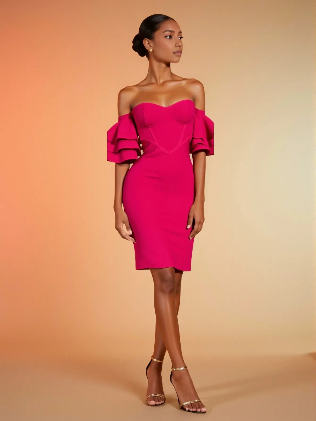 Rosered Color Women Sexy Strapless Ruffles Bodycon Mini Bandage Dress Celebrate Nightclub Party Birthday Vacation Outfit