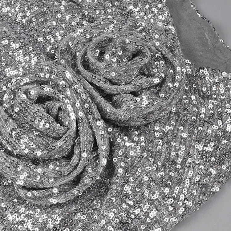 Women Mesh Sequins Flower Sparkly Silver Midi Bodycon Skirt 2024 Designer High Waist Party Office Lady Elegant Split Skirt