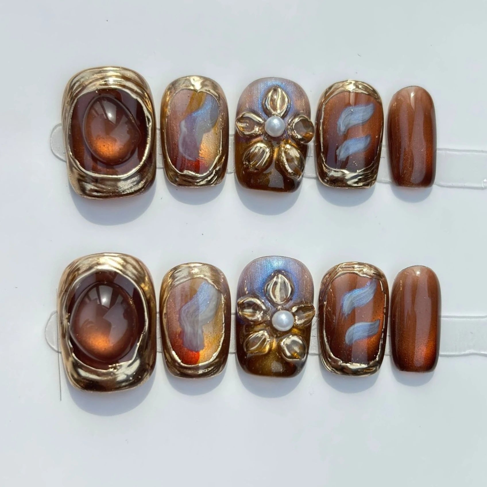 10Pcs Rose Gold Nail Art Full Cover Amber Exquisite 3D Flower Gentle French Short Ballet Spice Fake Nails Reusable Wearable Nail