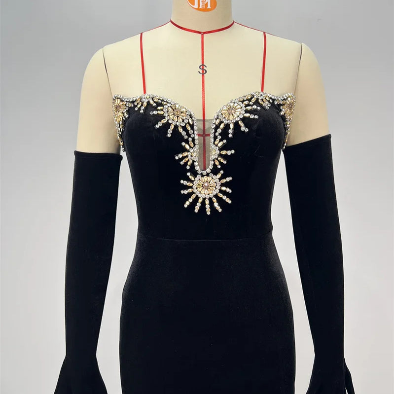 Luxury Diamonds Sexy V-Neck Strapless Package Hips Bandage Dress  Fashion Woman Evening dress Celebrity Cocktail Party Outfit