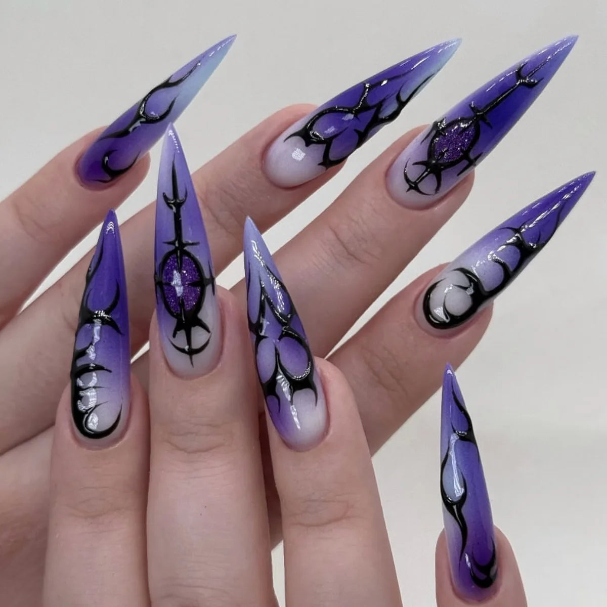 24Pcs Purple Gradient Flower False Nails Press on Long Stiletto Fake Nails Silvery Irregular Line Wearable Full Cover Nails Tips